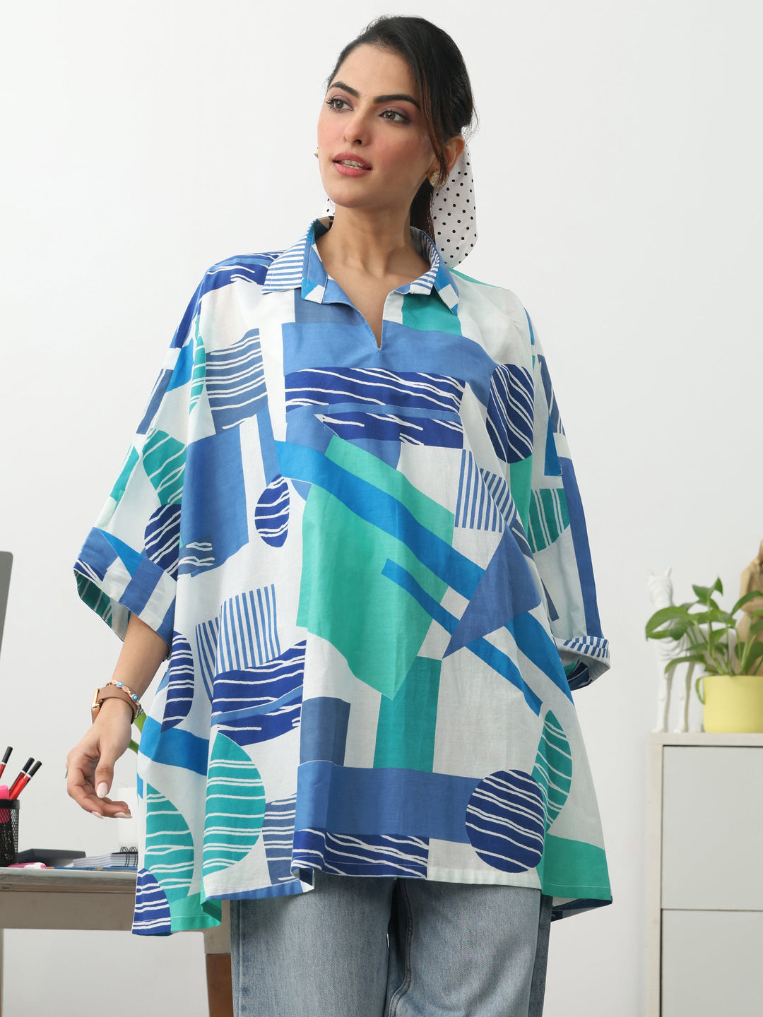 Blue Geometric Printed Cotton Blend A-Line Short Kurti