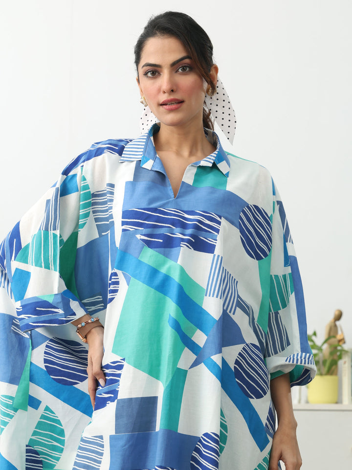 Blue Geometric Printed Cotton Blend A-Line Short Kurti