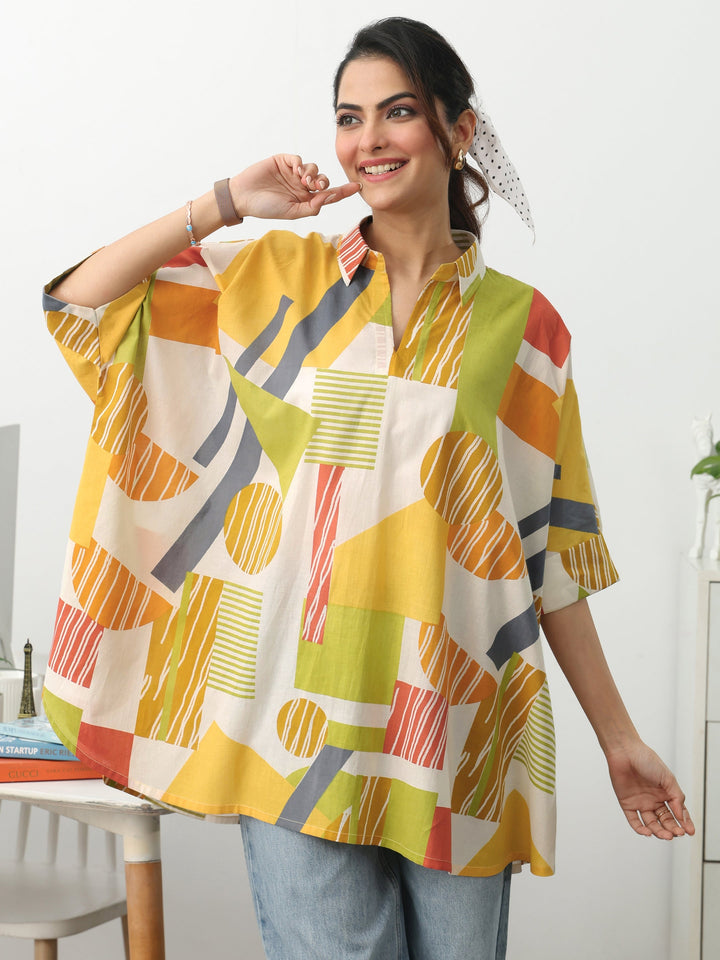 Multi Geometric Printed Cotton Blend A-Line Short Kurti