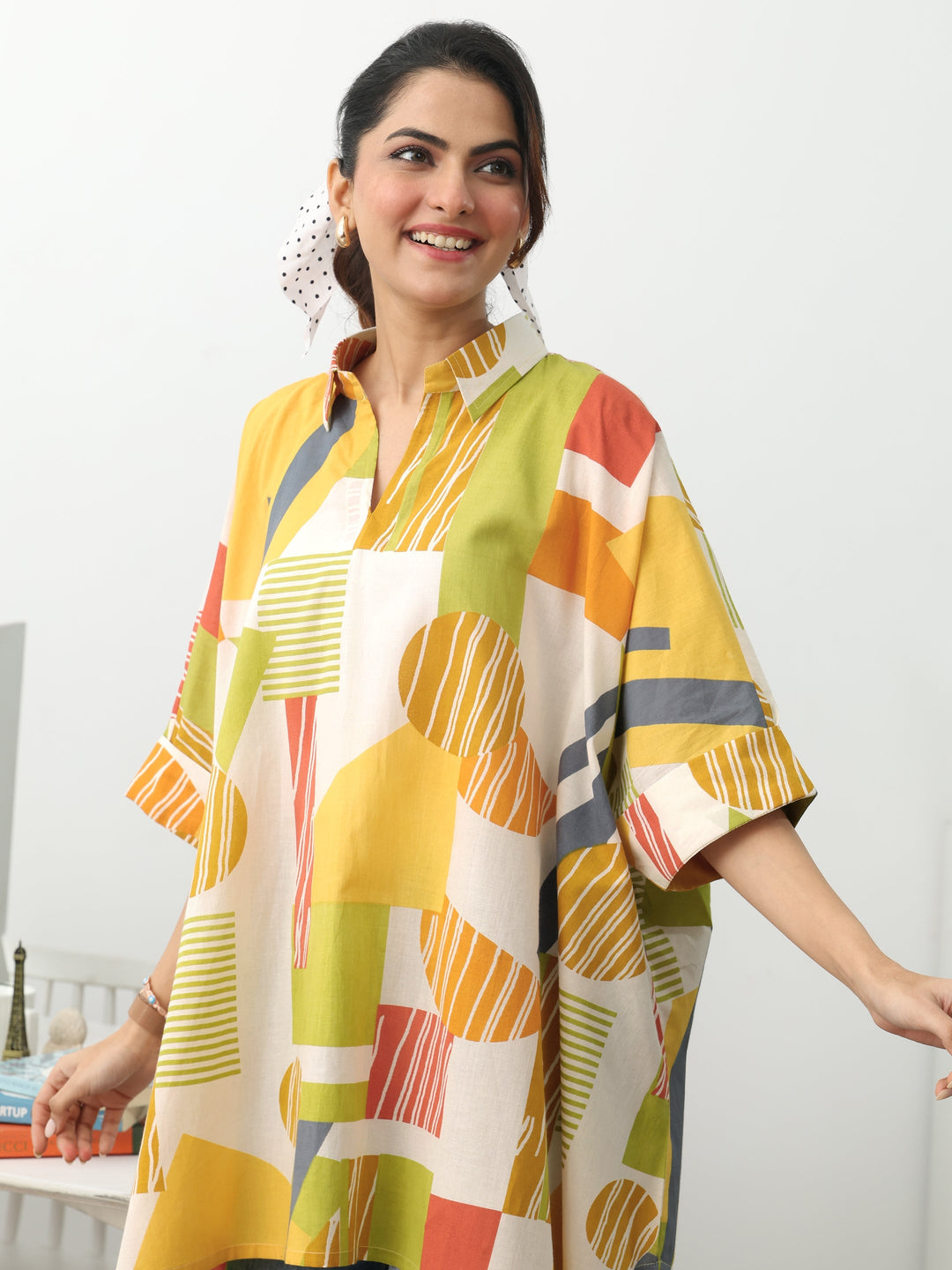 Multi Geometric Printed Cotton Blend A-Line Short Kurti