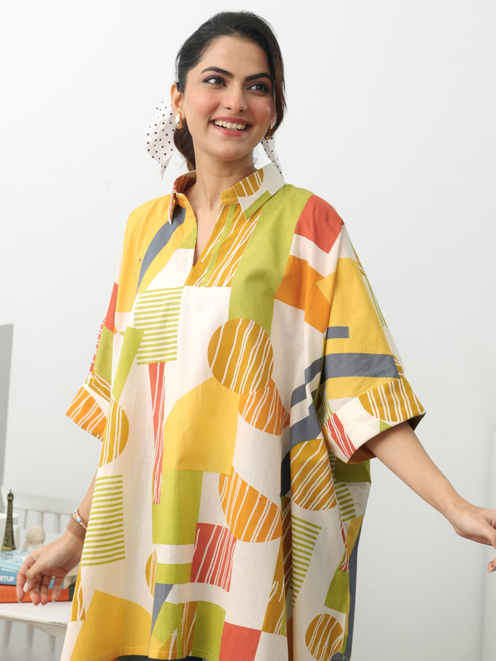 Multi Geometric Printed Cotton Blend A-Line Short Kurti