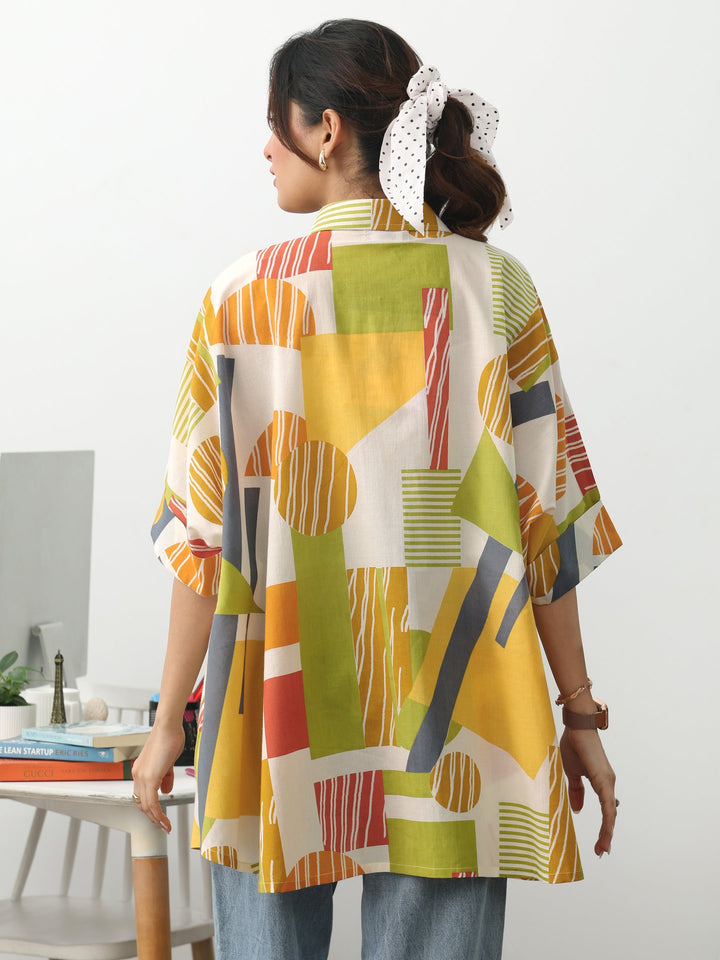 Multi Geometric Printed Cotton Blend A-Line Short Kurti