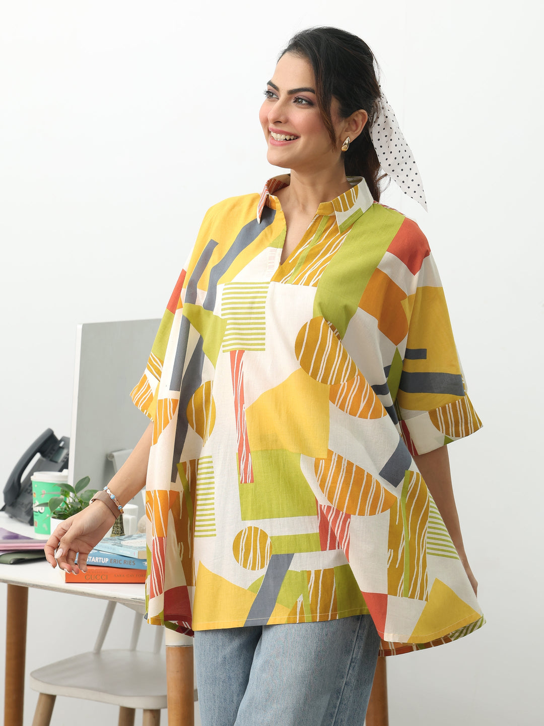 Multi Geometric Printed Cotton Blend A-Line Short Kurti