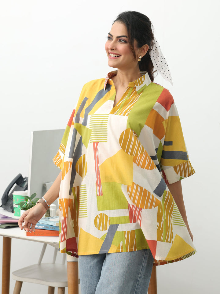 Multi Geometric Printed Cotton Blend A-Line Short Kurti