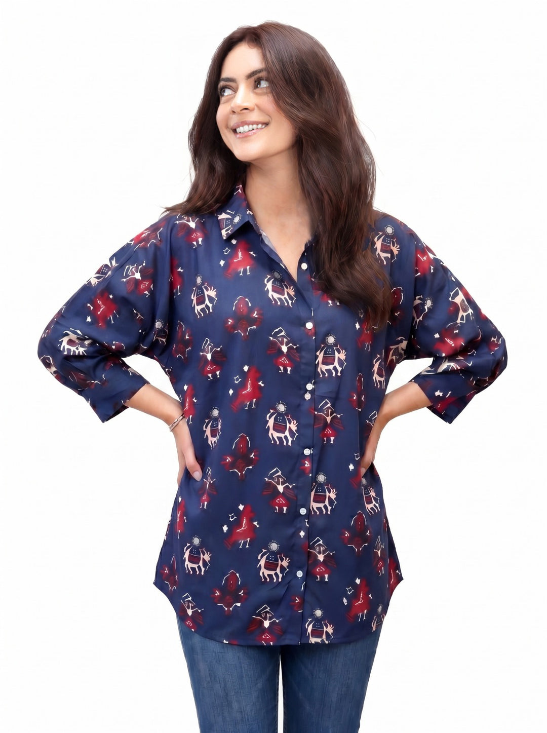 Navy Blue Ethnic Motifs Printed Cotton Shirt