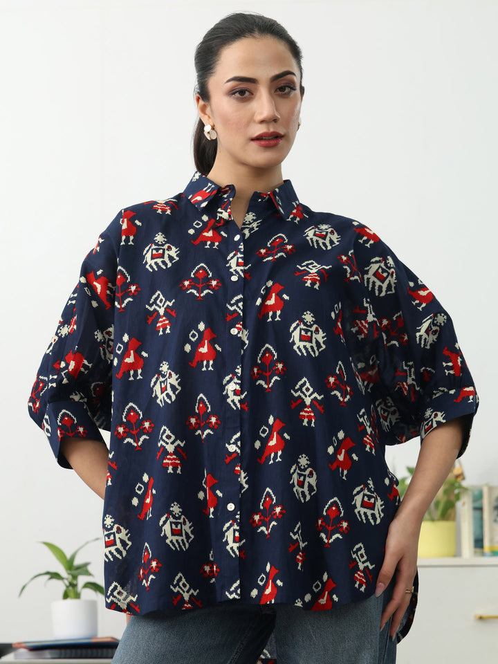 Navy Blue Ethnic Motifs Printed Cotton Shirt