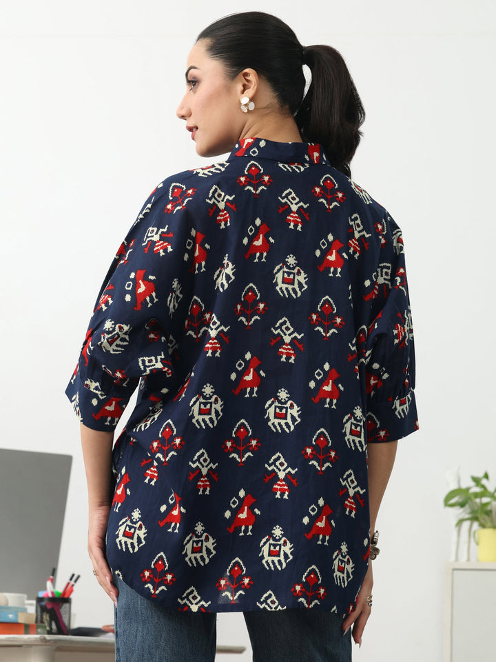 Navy Blue Ethnic Motifs Printed Cotton Shirt