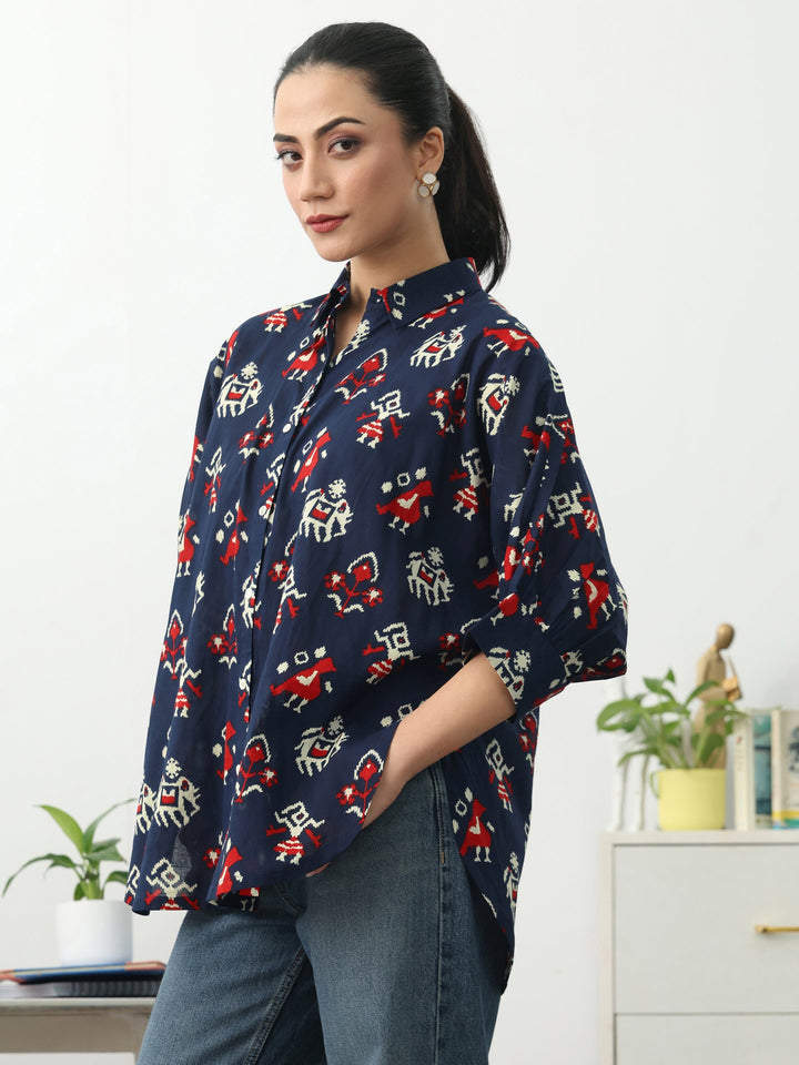 Navy Blue Ethnic Motifs Printed Cotton Shirt
