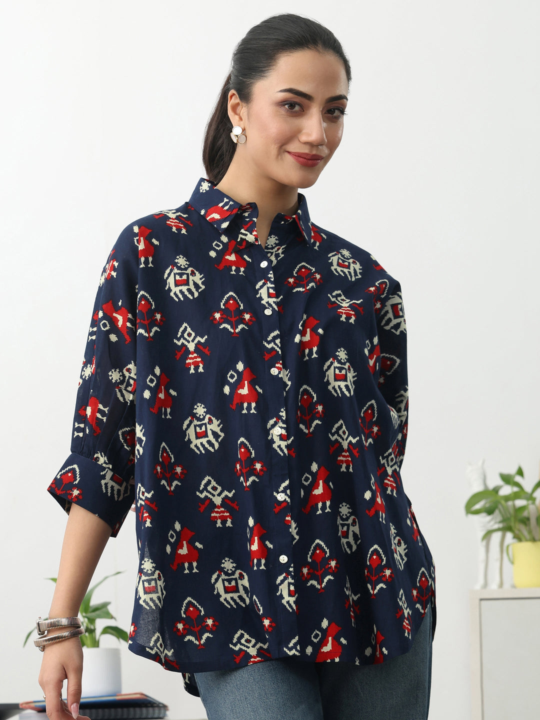 Navy Blue Ethnic Motifs Printed Cotton Shirt