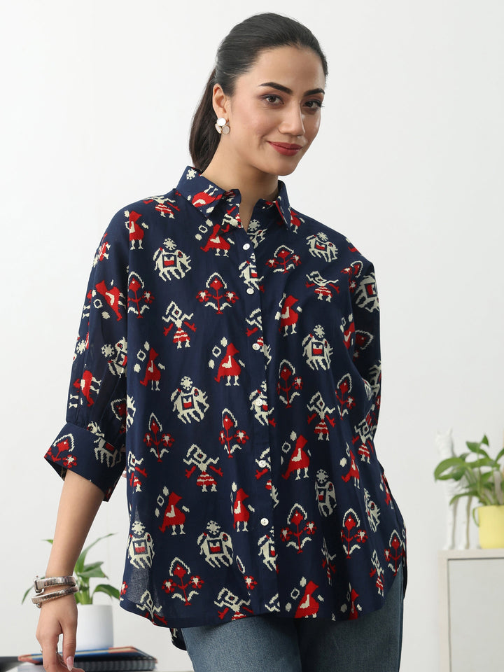 Navy Blue Ethnic Motifs Printed Cotton Shirt