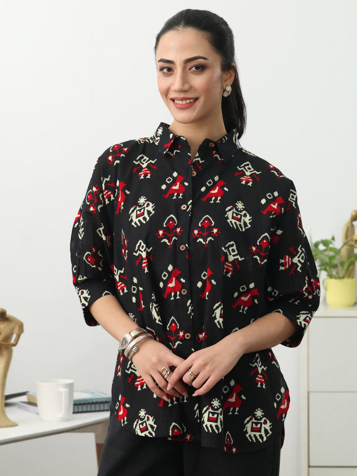 Black  Ethnic Motifs Printed Cotton Shirt