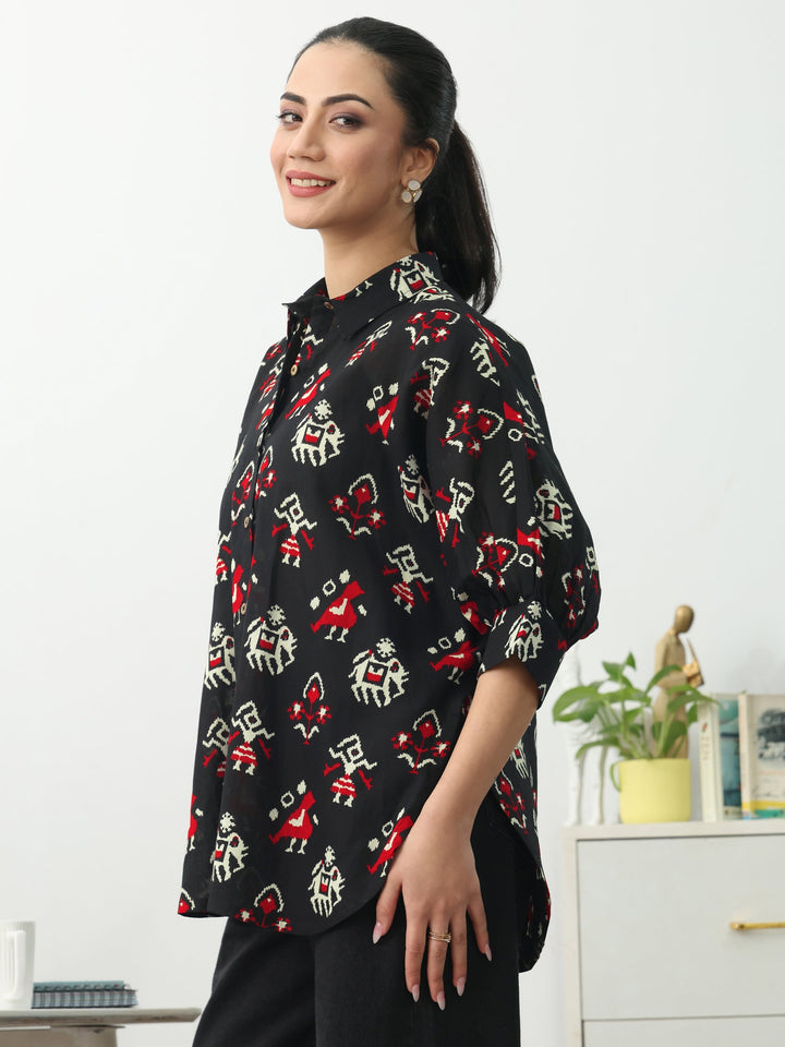 Black  Ethnic Motifs Printed Cotton Shirt