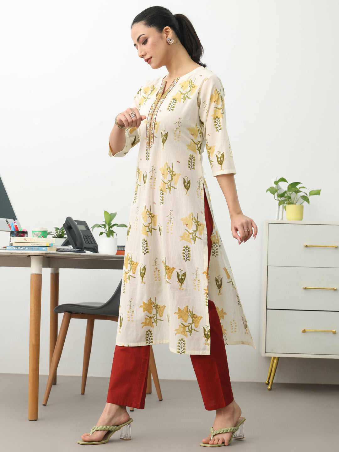 Off White Floral Printed Cotton Straight Kurta