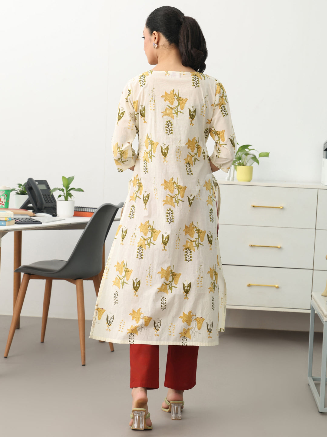 Off White Floral Printed Cotton Straight Kurta