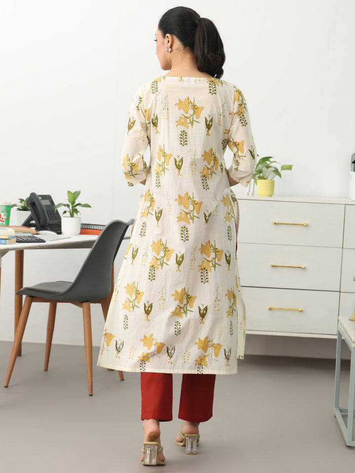 Off White Floral Printed Cotton Straight Kurta
