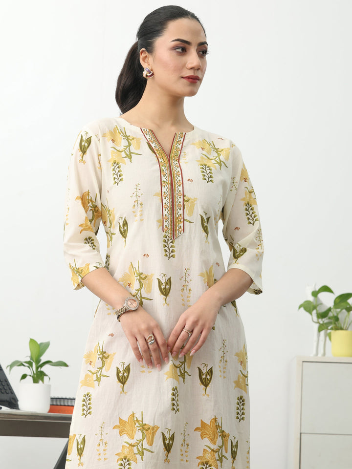 Off White Floral Printed Cotton Straight Kurta