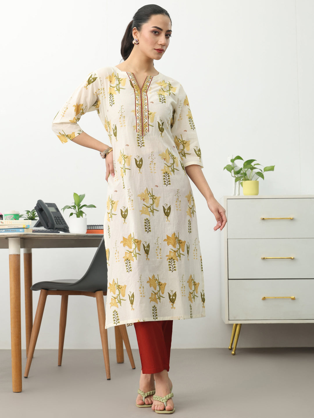 Off White Floral Printed Cotton Straight Kurta