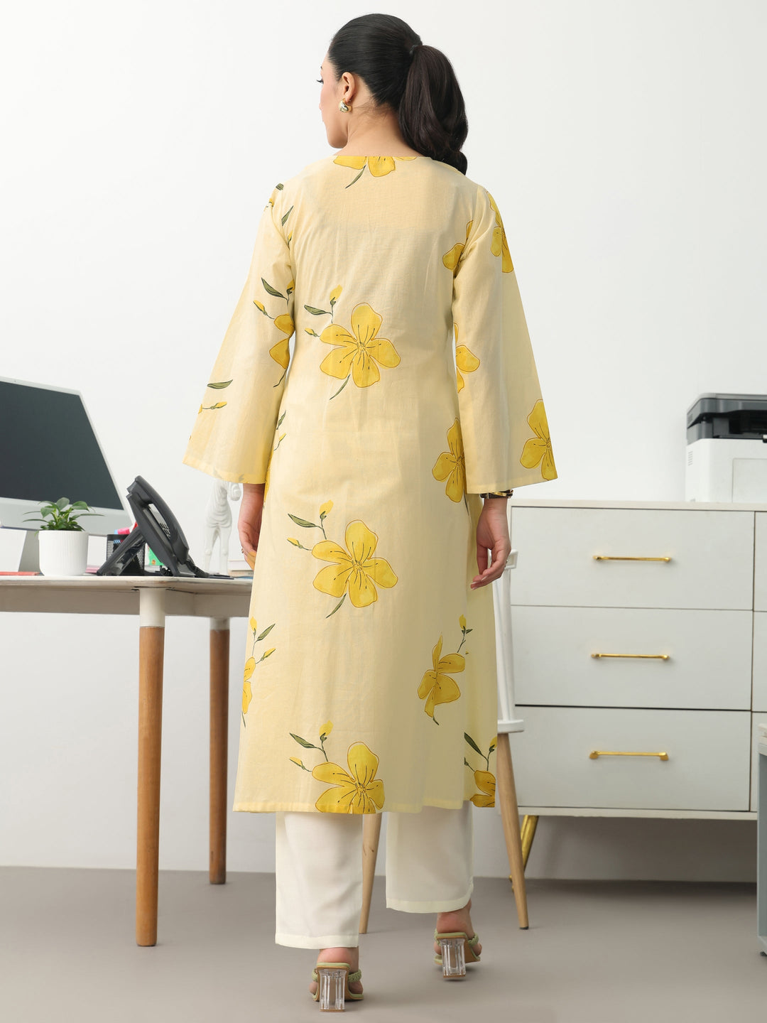 Off White Floral Printed Cotton A-Line Kurta