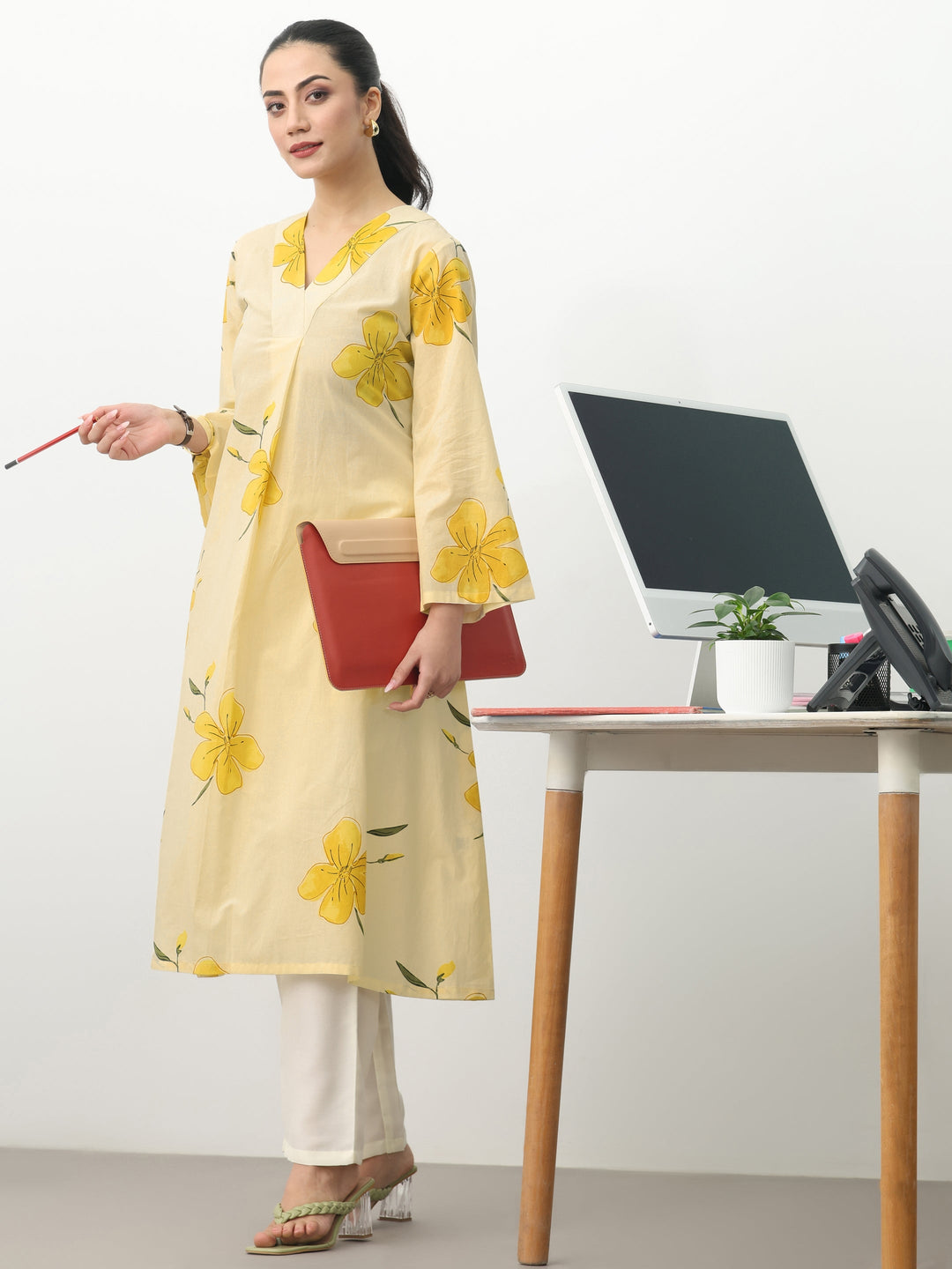 Off White Floral Printed Cotton A-Line Kurta