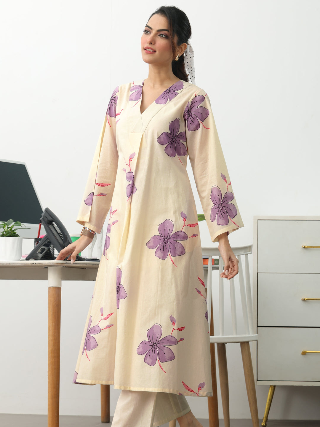 Off White Floral Printed Cotton A-Line Kurta