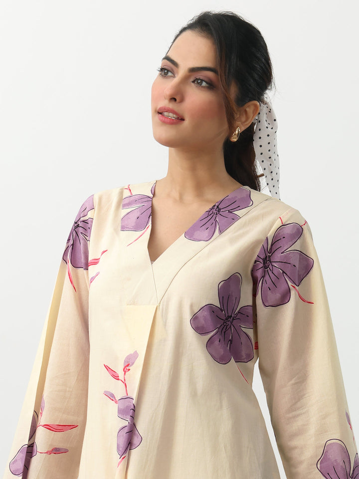 Off White Floral Printed Cotton A-Line Kurta