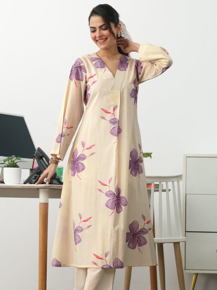 Off White Floral Printed Cotton A-Line Kurta