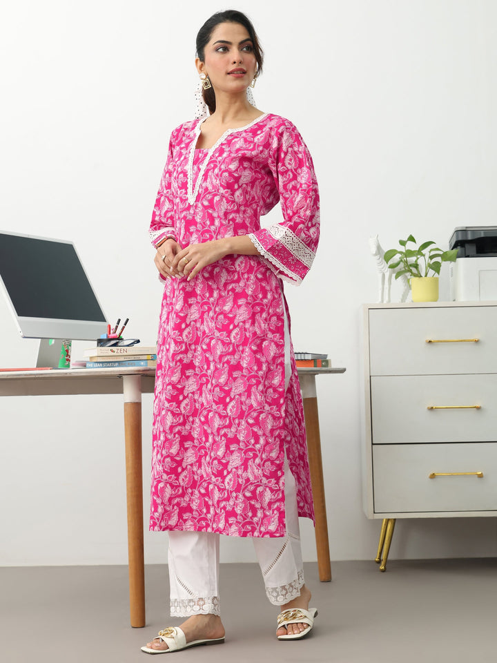Pink Floral Printed Cotton Straight Kurta