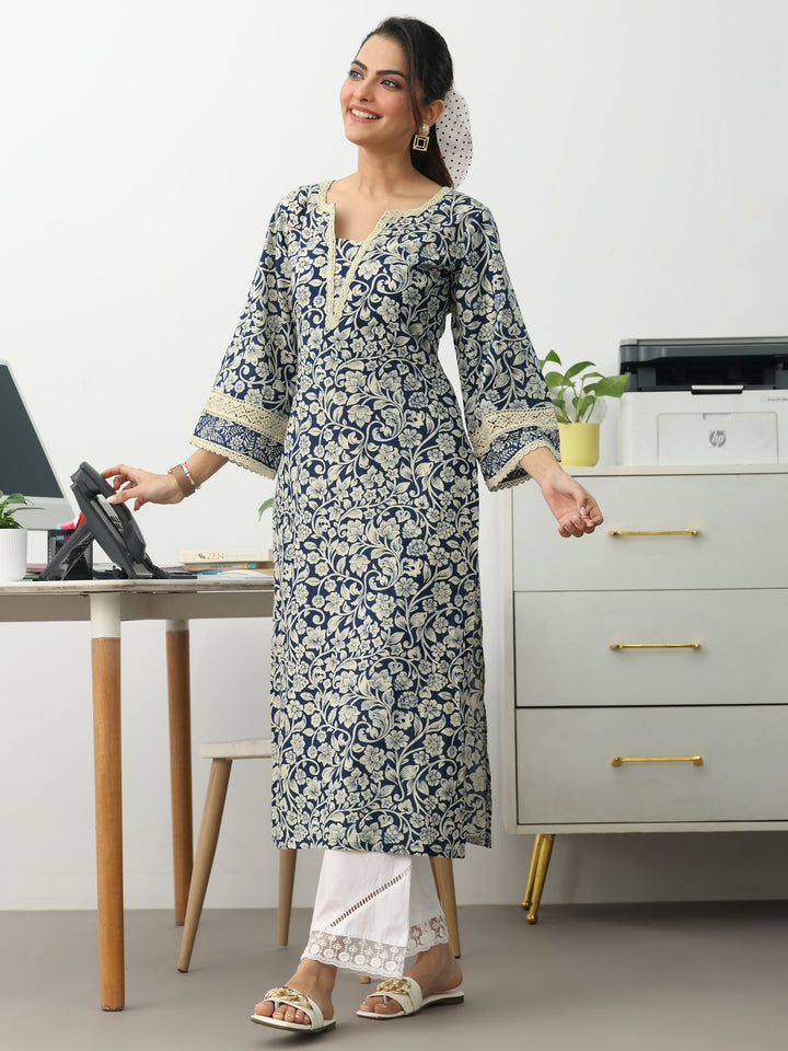 Blue Floral Printed Cotton Straight Kurta
