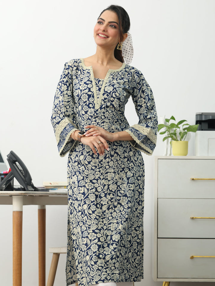 Blue Floral Printed Cotton Straight Kurta