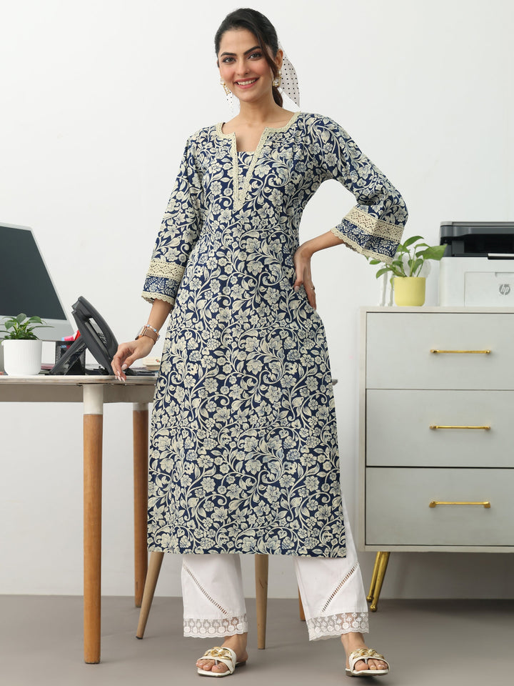 Blue Floral Printed Cotton Straight Kurta