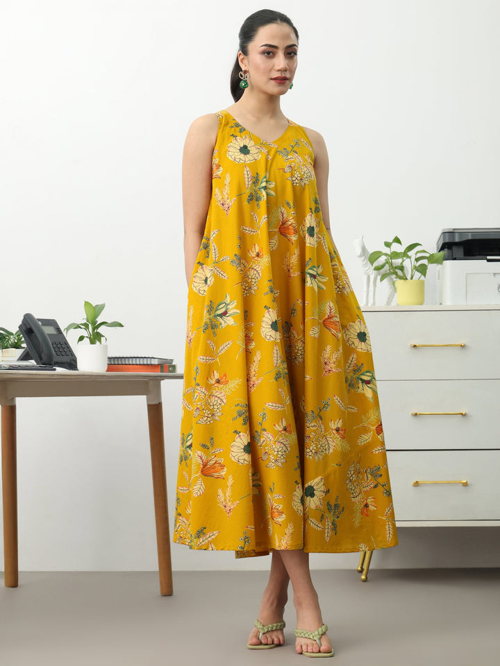 Mustard Floral Printed Cotton A-Line Sleeveless One Piece Dress
