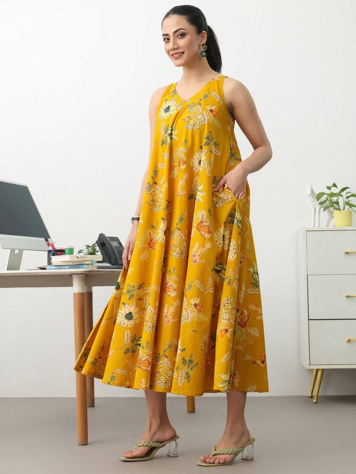 Mustard Floral Printed Cotton A-Line Sleeveless One Piece Dress