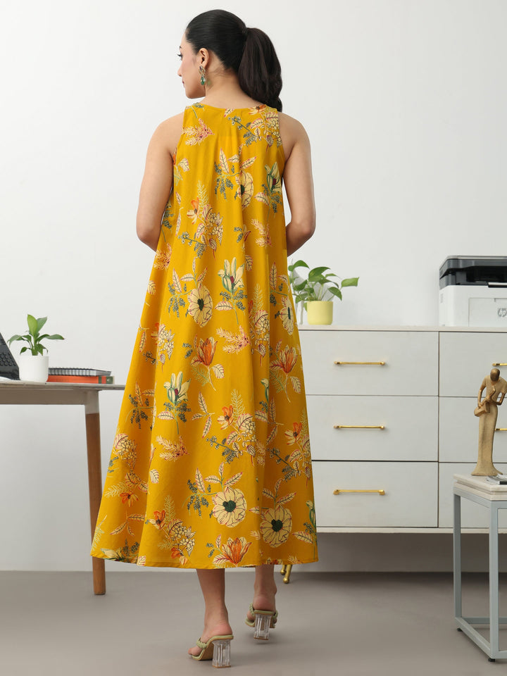 Mustard Floral Printed Cotton A-Line Sleeveless One Piece Dress