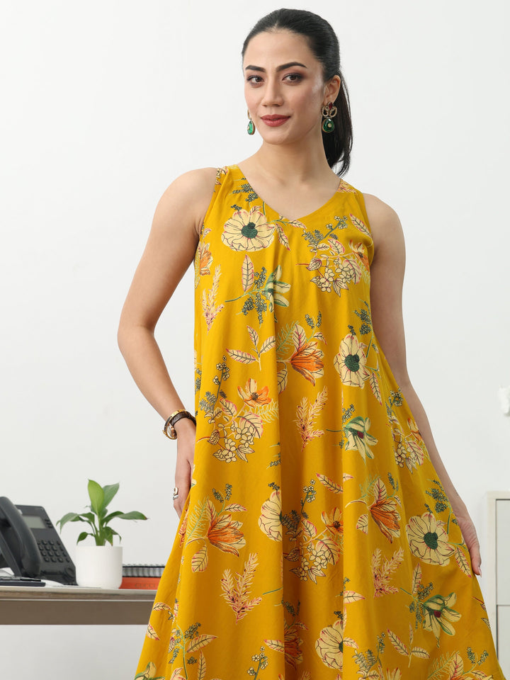 Mustard Floral Printed Cotton A-Line Sleeveless One Piece Dress
