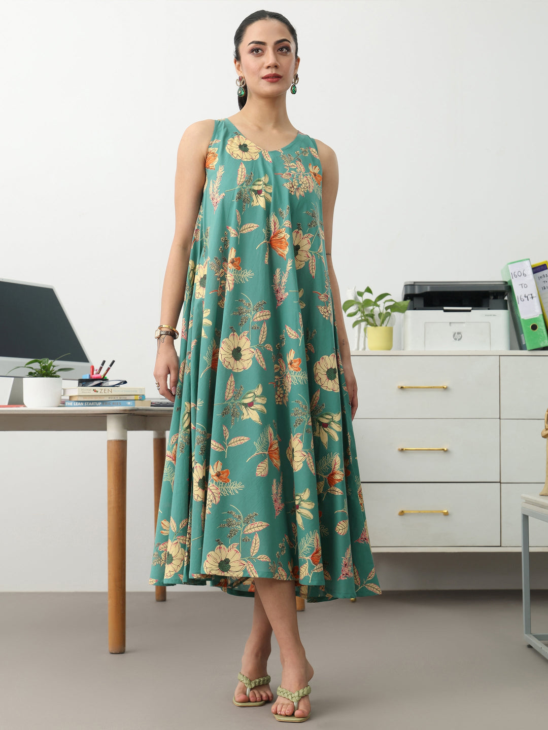 Blue Floral Printed Cotton A-Line Sleeveless One Piece Dress