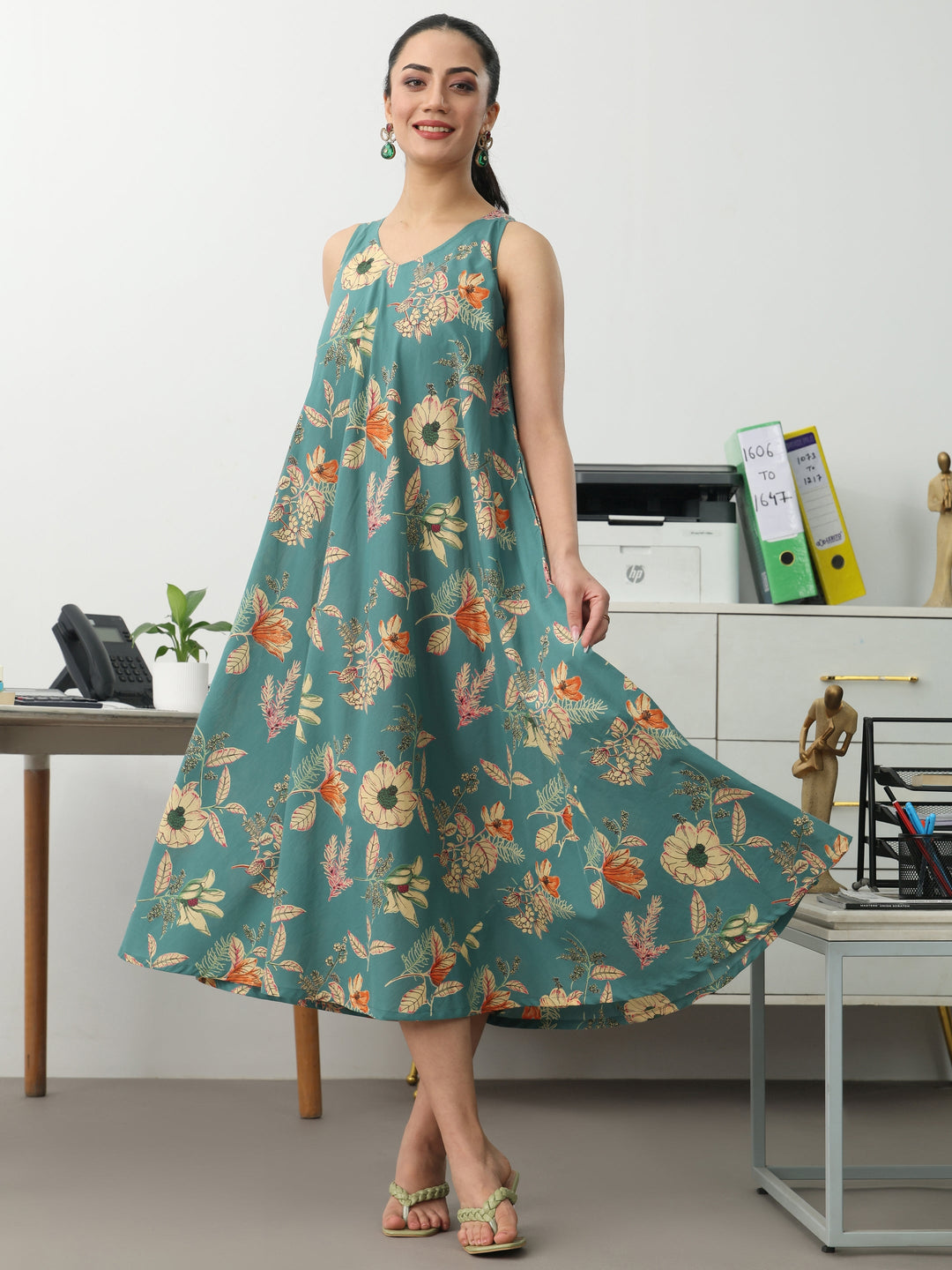 Blue Floral Printed Cotton A-Line Sleeveless One Piece Dress