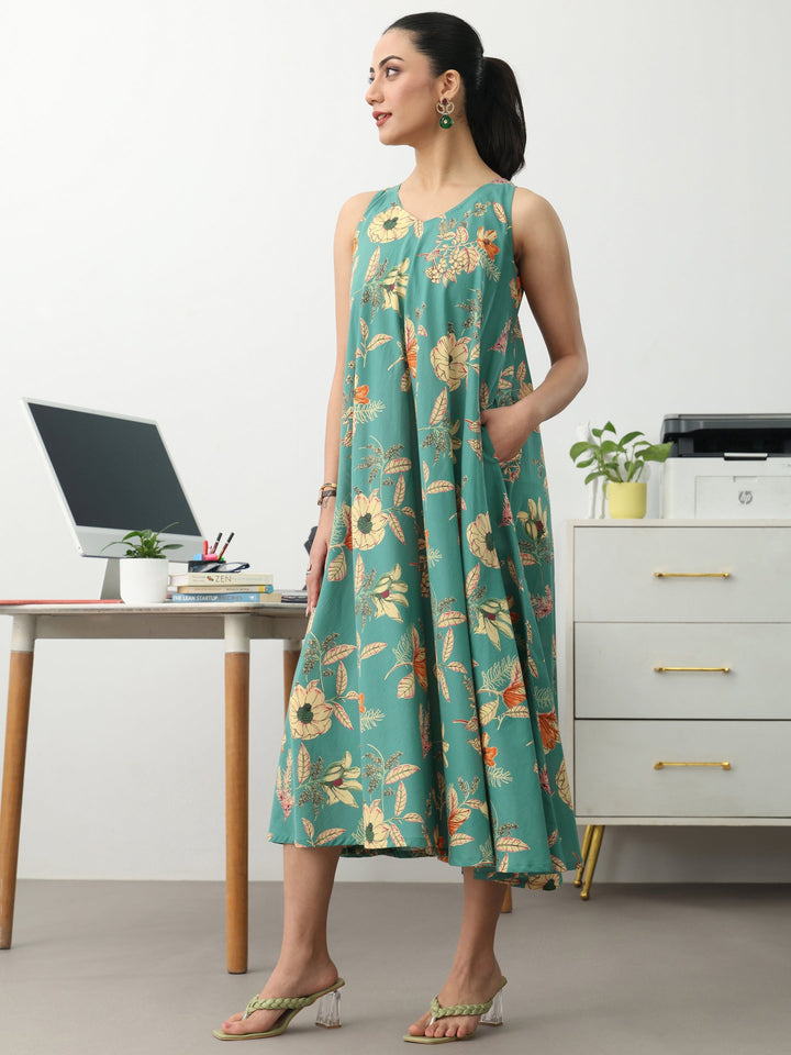 Blue Floral Printed Cotton A-Line Sleeveless One Piece Dress