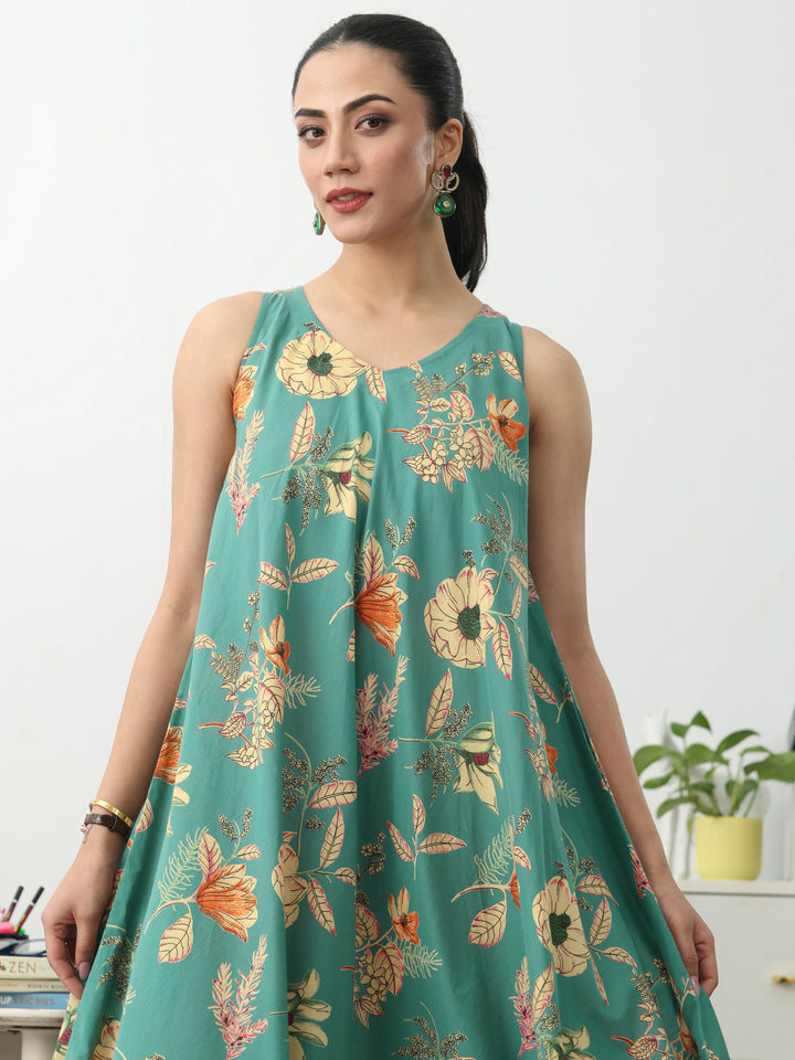 Blue Floral Printed Cotton A-Line Sleeveless One Piece Dress