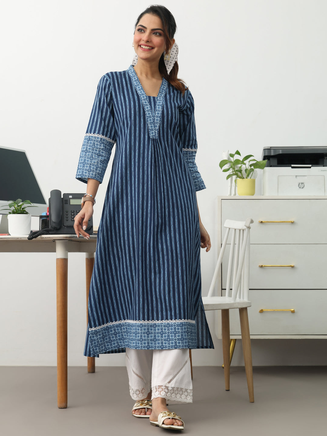 Blue Striped Printed Cotton A-Line Kurta
