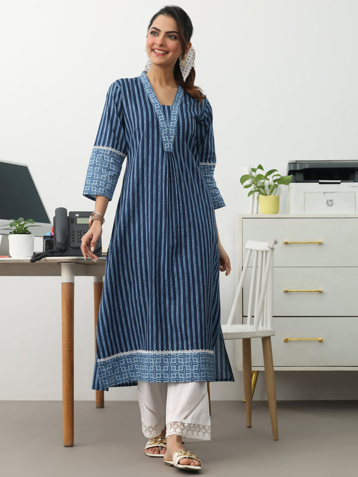 Blue Striped Printed Cotton A-Line Kurta
