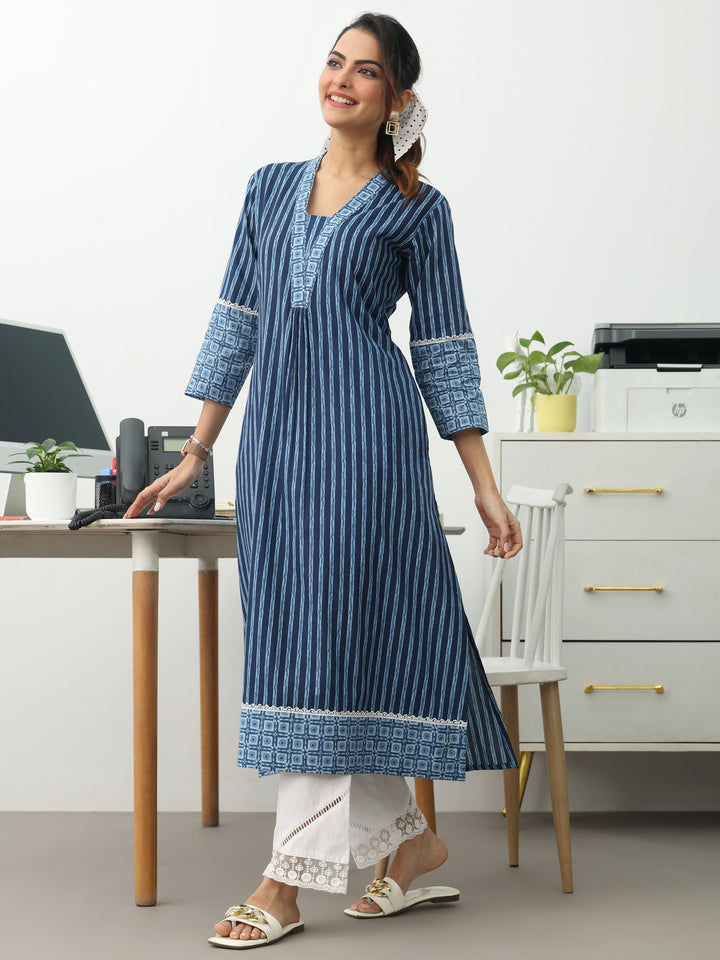 Blue Striped Printed Cotton A-Line Kurta
