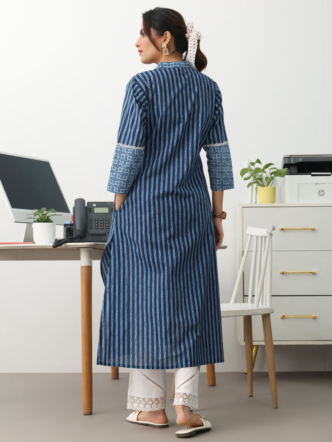 Blue Striped Printed Cotton A-Line Kurta