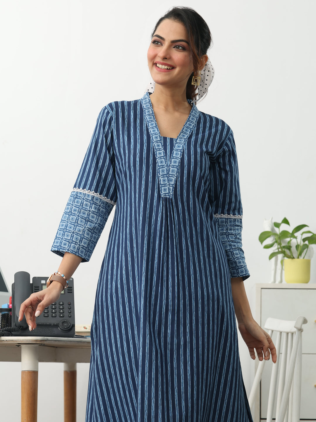 Blue Striped Printed Cotton A-Line Kurta