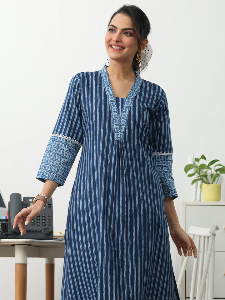 Blue Striped Printed Cotton A-Line Kurta