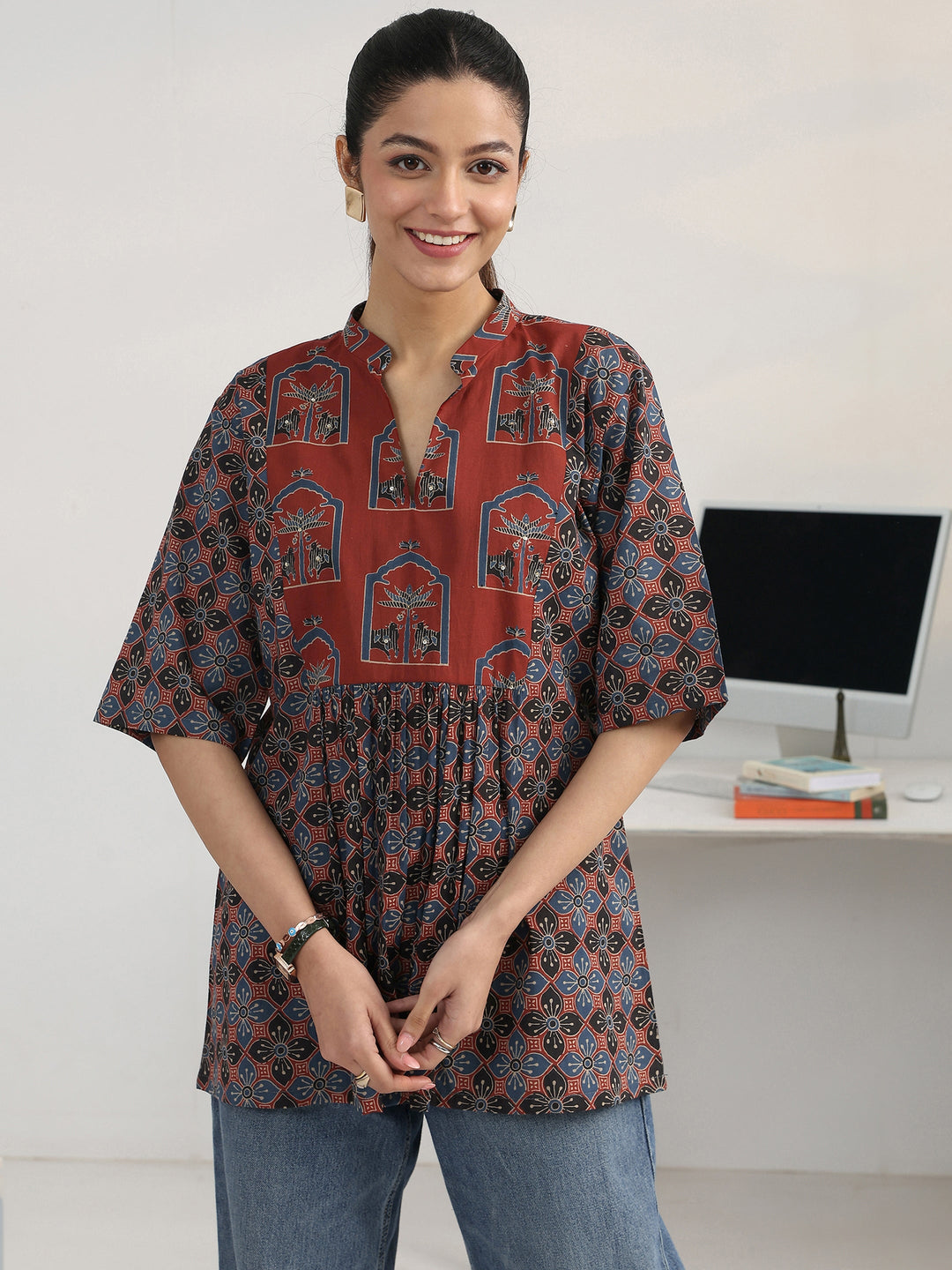 Multi Geometric Printed Cotton Blend A-Line Short Kurti