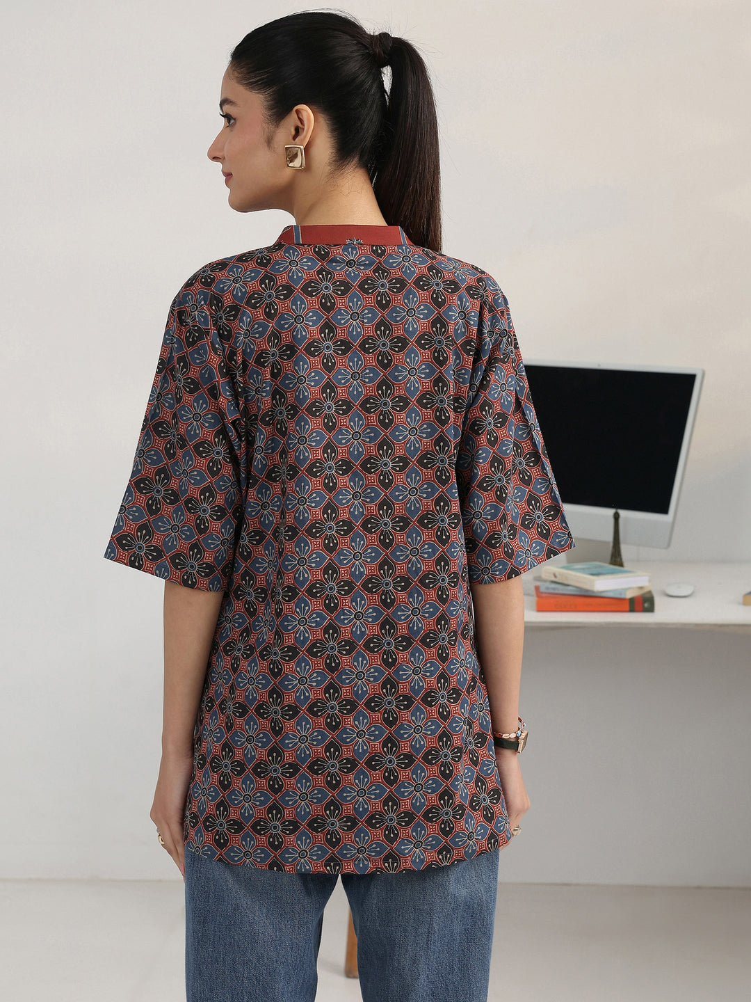 Multi Geometric Printed Cotton Blend A-Line Short Kurti