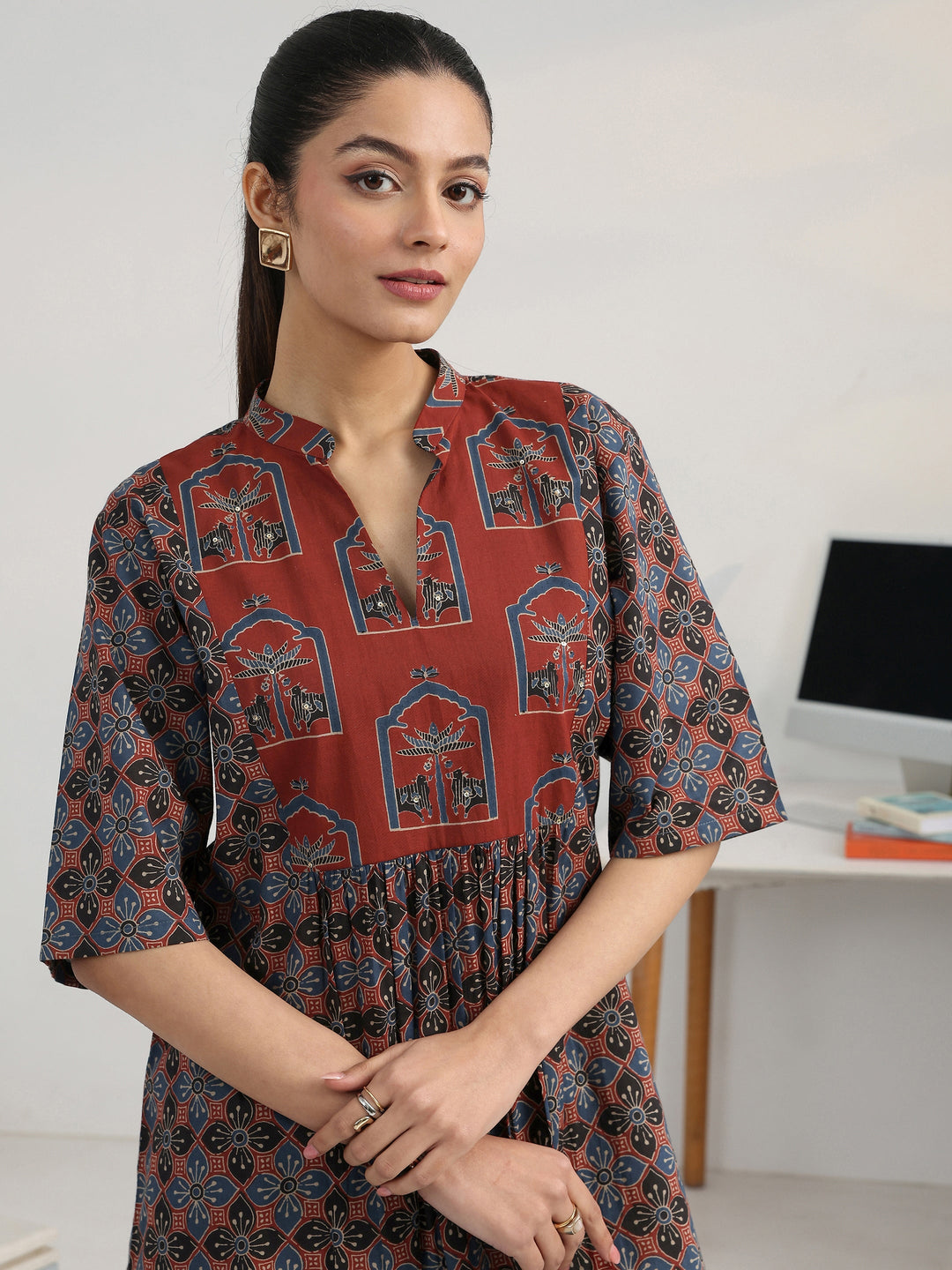 Multi Geometric Printed Cotton Blend A-Line Short Kurti