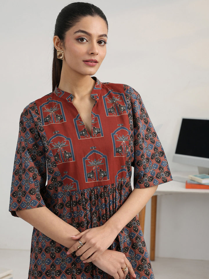 Multi Geometric Printed Cotton Blend A-Line Short Kurti