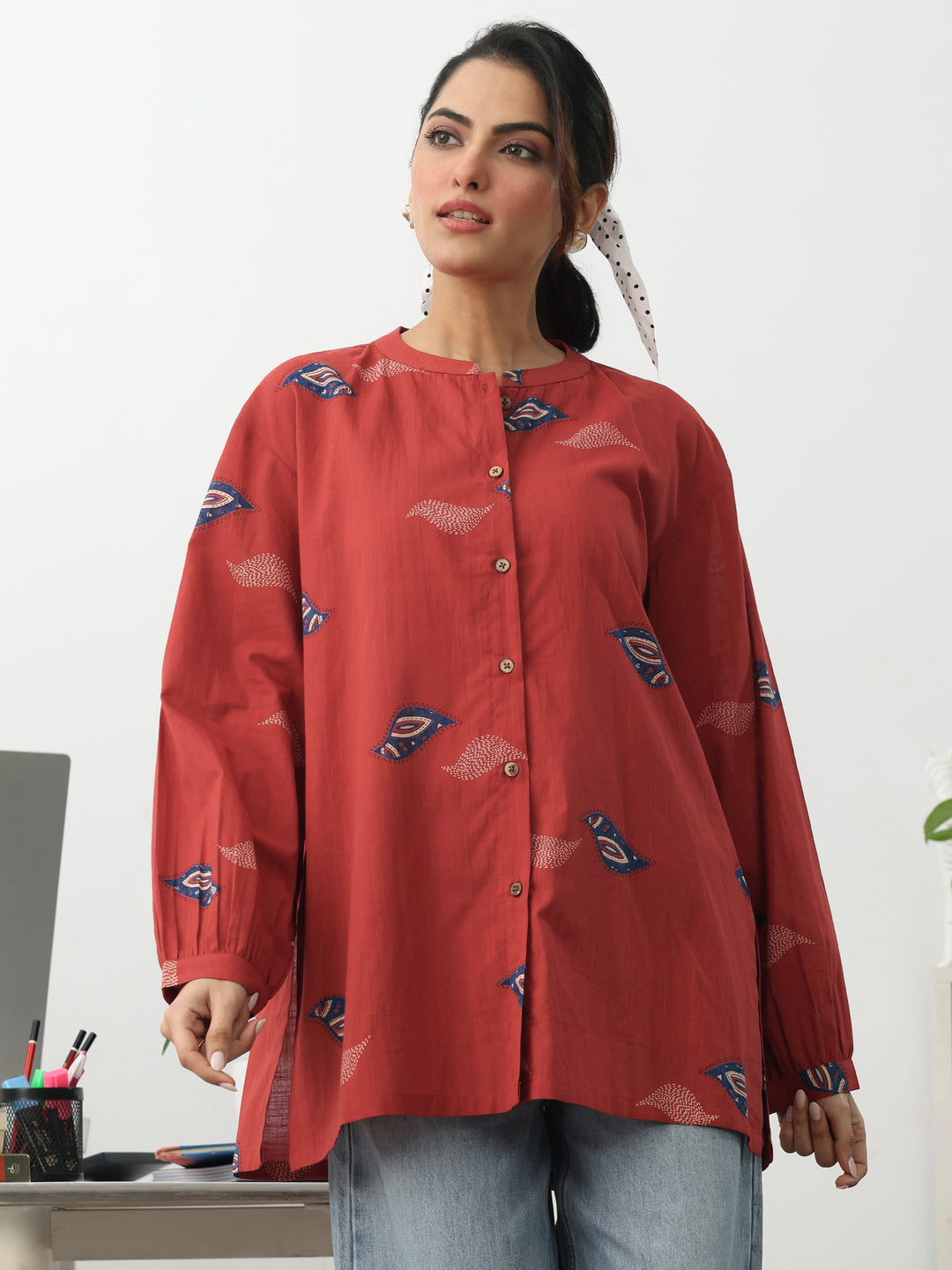 Rust Ethnic Motifs Printed Cotton Shirt