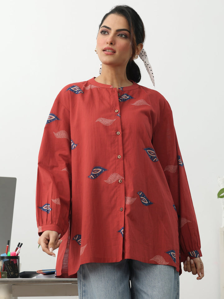 Rust Ethnic Motifs Printed Cotton Shirt